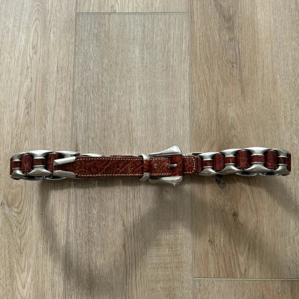 Vintage Leather Brown Unique Heavy Silvertone Embellished Woven Belt